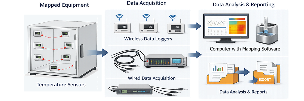 Thermal-mapping system architecture with distributed sensors, data loggers, acquisition hardware, software, and qualification records.