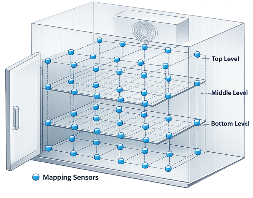 Three-dimensional temperature-mapping sensor grid distributed across chamber corners, shelves, and vertical levels.