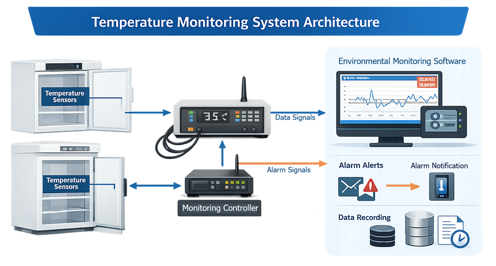 Temperature-monitoring architecture connecting storage probes, data acquisition, alarm evaluation, notification, historical records, backup, and review functions.