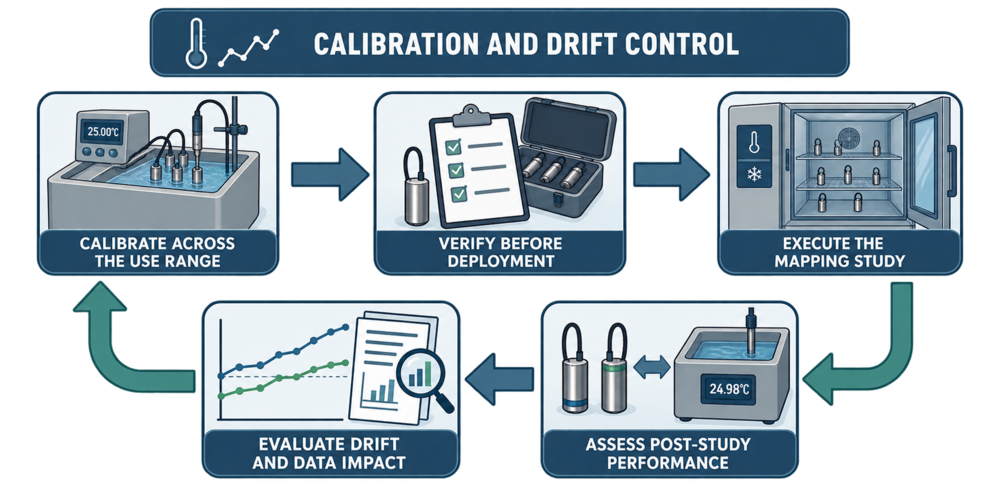 Calibration and drift-control lifecycle for thermal-mapping sensors and data loggers.
