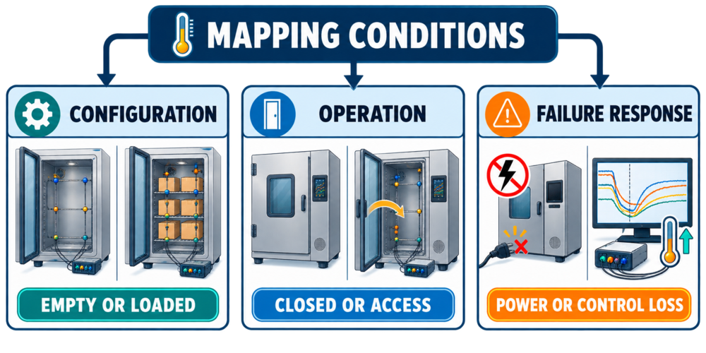 normal operation, and failure challenges without implying that every option is mandatory.
Thermal-mapping conditions comparing empty and loaded configurations, closed-door and access operation, and power or control loss.