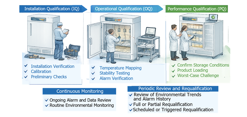 Lifecycle diagram showing qualification and ongoing control of temperature-controlled equipment including Installation Qualification (IQ), Operational Qualification (OQ), Performance Qualification (PQ), continuous environmental monitoring, and periodic review or requalification activities.