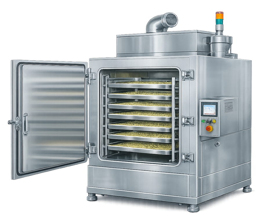 Pharmaceutical tray dryer with open chamber, loaded trays, circulation system, door, and control panel.