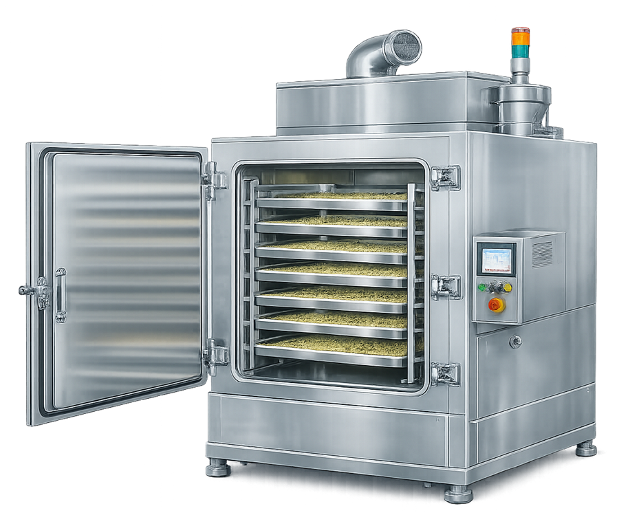 Pharmaceutical tray dryer showing stacked trays used for drying wet granules with circulating heated air.