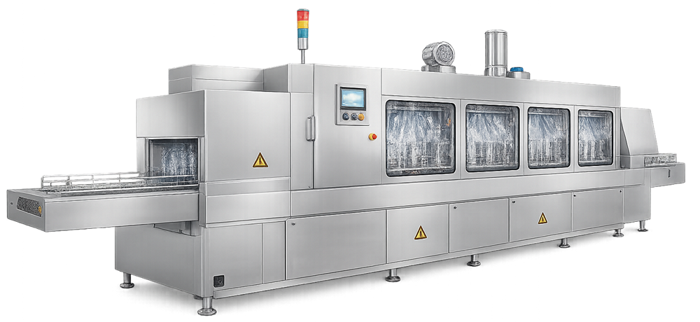 Pharmaceutical tunnel washer with sequential wash, rinse, and drying zones