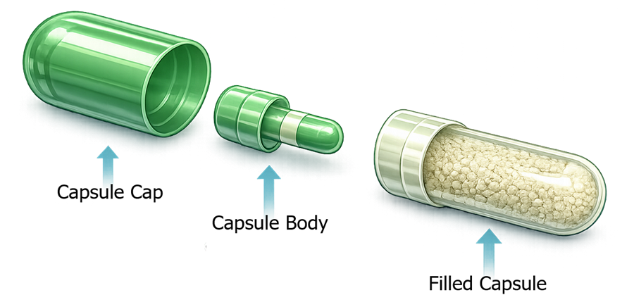 Two-piece pharmaceutical capsule showing separate capsule cap, capsule body, and assembled powder-filled capsule.