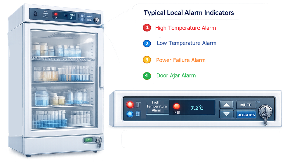 Pharmaceutical refrigerator control panel with high-temperature, low-temperature, door-open, and power-failure alarms.