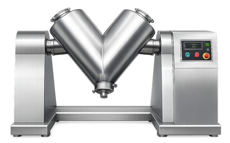 Pharmaceutical V-blender with V-shaped product vessel, rotating supports, discharge valve, drive, and control panel.
