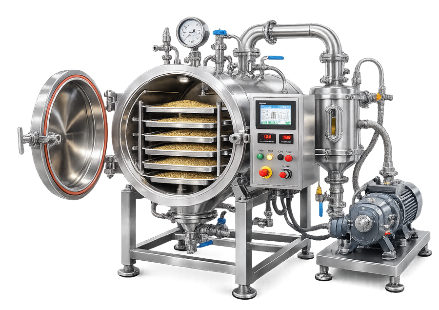 Pharmaceutical vacuum dryer showing sealed heated chamber, product trays, condenser, vacuum pump, instruments, and control panel.