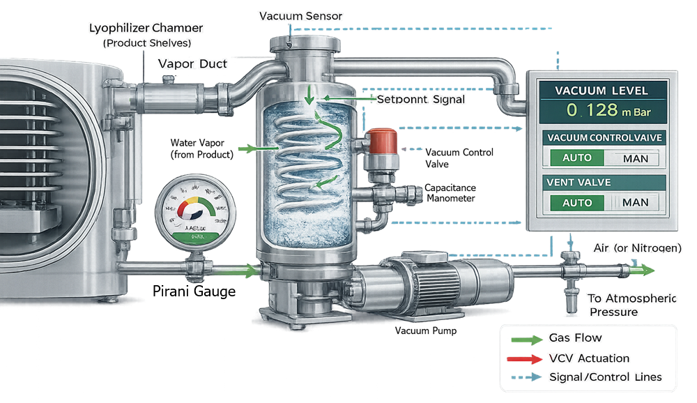 Lyophilizer vacuum-control diagram showing chamber, control valve, vacuum pump, capacitance manometer, and Pirani gauge.