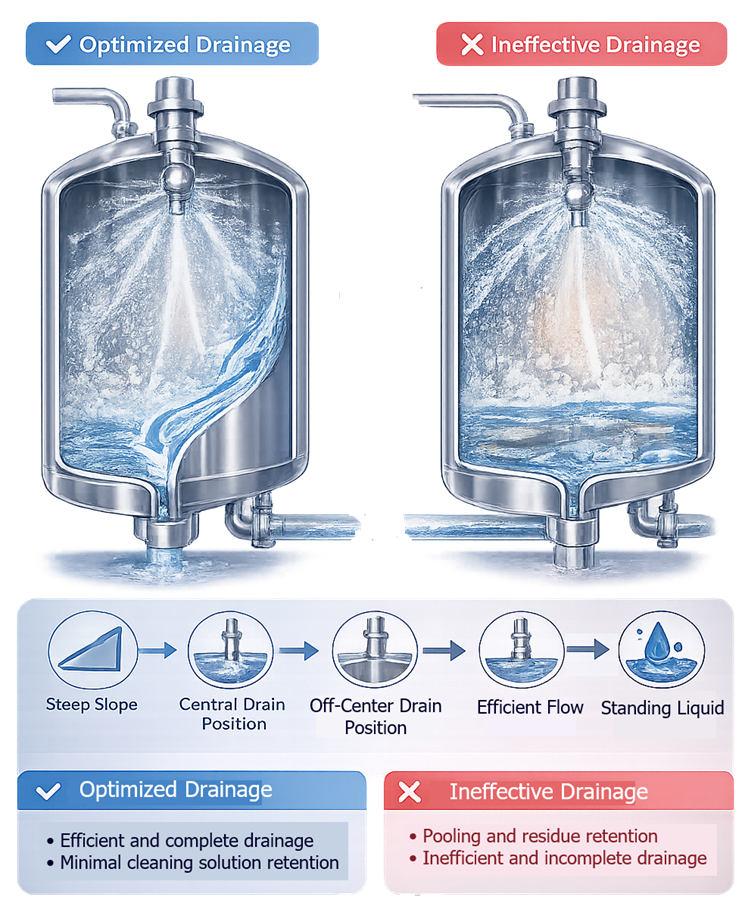 Pharmaceutical vessel drainage through sloped bottom and low-point outlet
