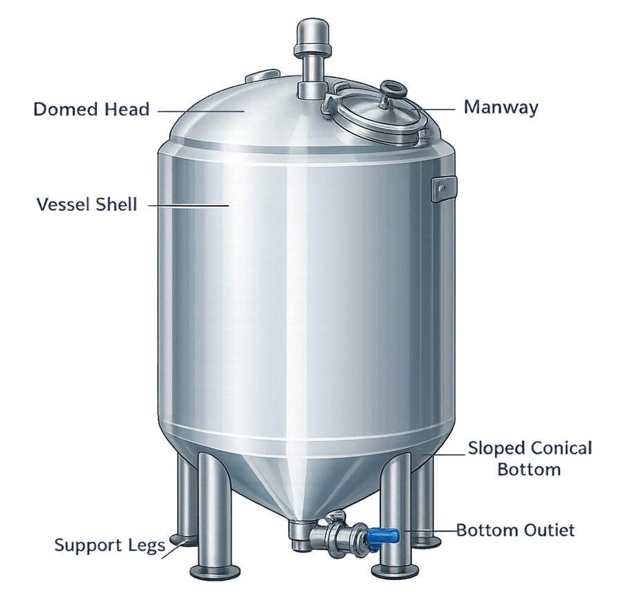 Pharmaceutical process vessel structural components including shell, heads, manway, supports, nozzles, and outlet