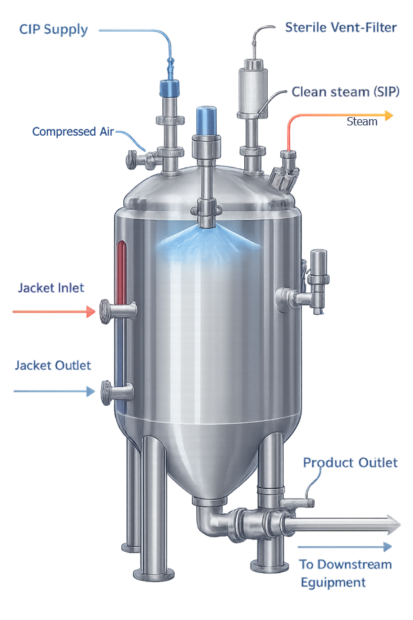 Pharmaceutical process vessel integrated with thermal utilities, CIP, clean steam, process gas, venting, and automation