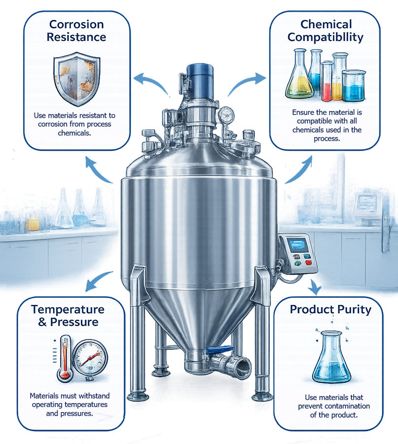 Pharmaceutical vessel material compatibility with process fluids, cleaning agents, temperature, pressure, and steam