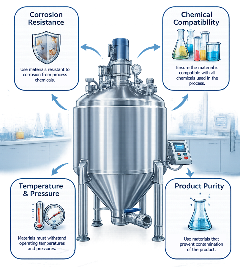 Diagram illustrating pharmaceutical vessel material compatibility with process fluids, cleaning chemicals, and steam sterilization conditions.