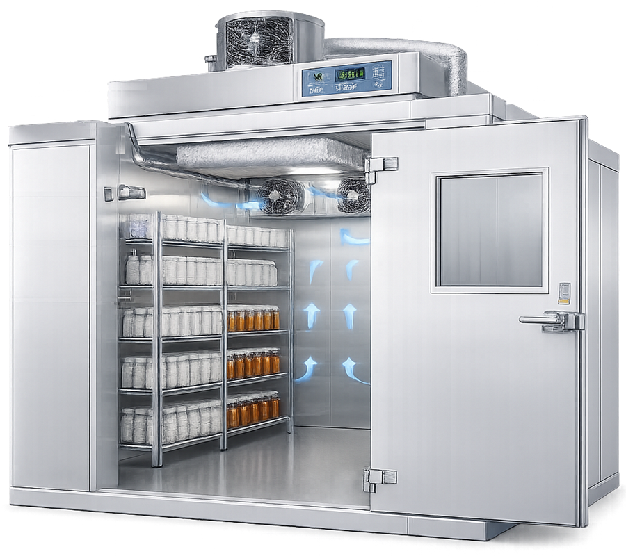 Walk-in pharmaceutical stability chamber with insulated enclosure, sample racks, conditioning equipment, airflow, and monitoring probes.