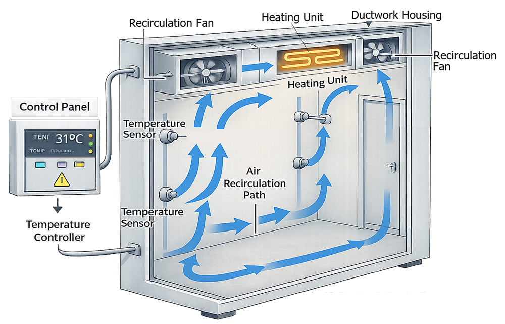 Walk-in warm-room architecture showing heating units, recirculation fans, airflow, racks, control sensors, monitoring probes, and local control panel.