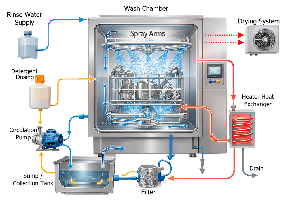 Pharmaceutical parts washer system architecture with chamber, spray system, pump, sump, detergent dosing, heating, rinse supply, drain, and drying
