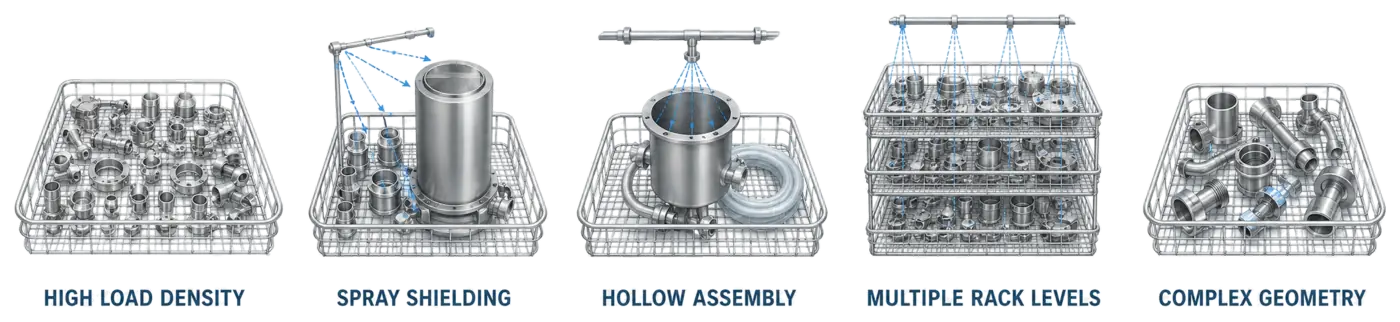 Worst-case parts-washer load configurations challenging spray access, internal pathways, component geometry, load density, and drainage.
