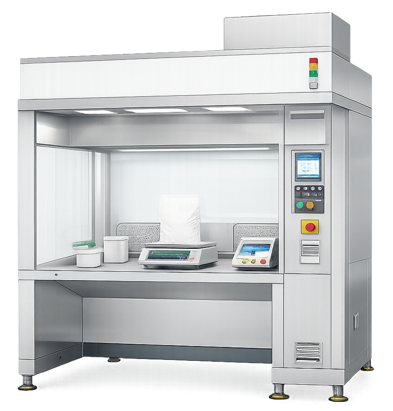 Pharmaceutical weighing booth with balance, controlled airflow, work surface, and dust-capture arrangement.