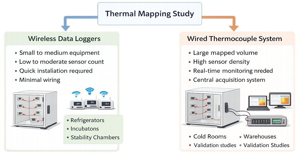 Comparison of wired and wireless thermal-mapping instrumentation based on channels, access, communication, sampling, and deployment needs.