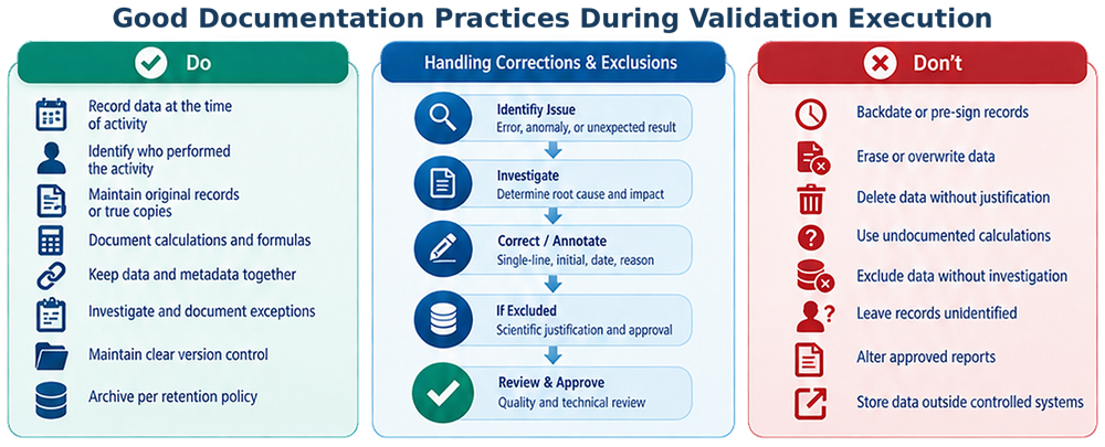 Good Documentation Practices for process validation showing proper contemporaneous recording, transparent corrections, scientific handling of excluded data, review, and prohibited documentation practices.