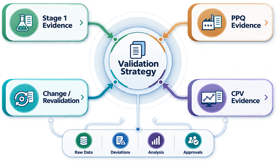 Process validation documentation lifecycle showing validation strategy, Stage 1 evidence, PPQ documentation, CPV evidence, lifecycle changes, and continued state-of-control records.