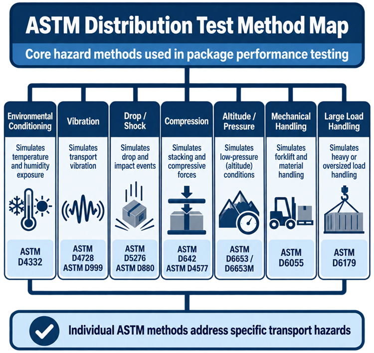 ASTM distribution test method map matching conditioning, vibration, drop, impact, compression, altitude, and mechanical handling hazards with applicable ASTM packaging standards.