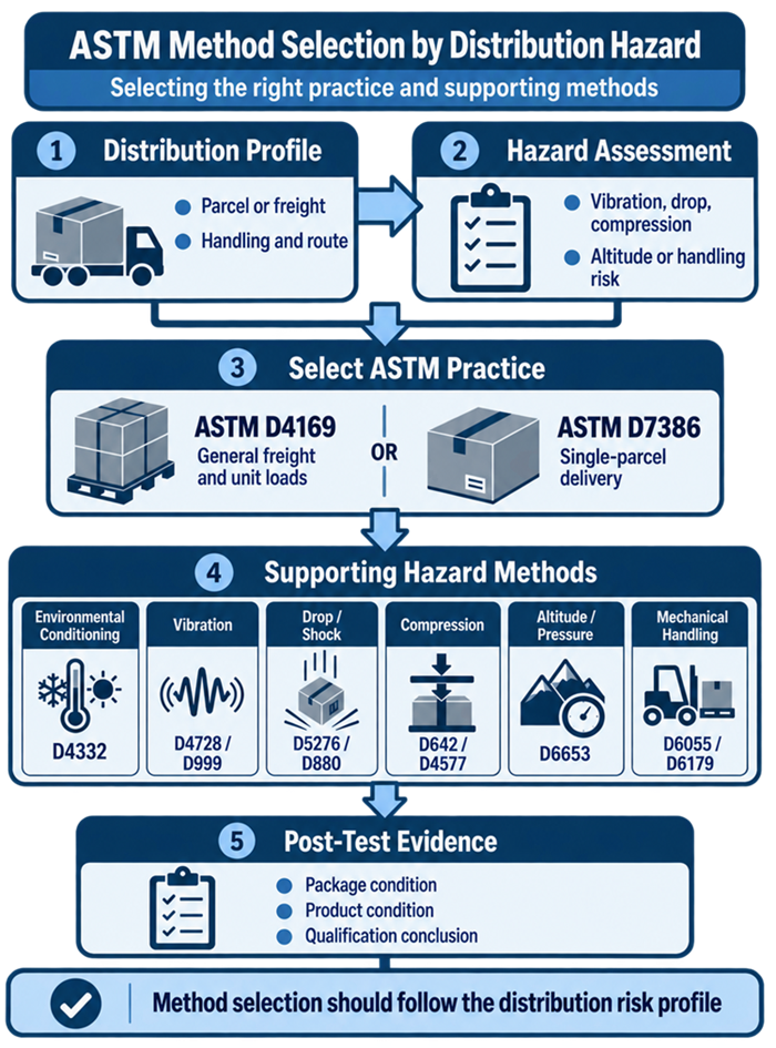 ASTM packaging test selection pathway showing distribution profile and hazard assessment leading to D4169 or D7386 and relevant conditioning, vibration, drop, compression, altitude, and handling methods.