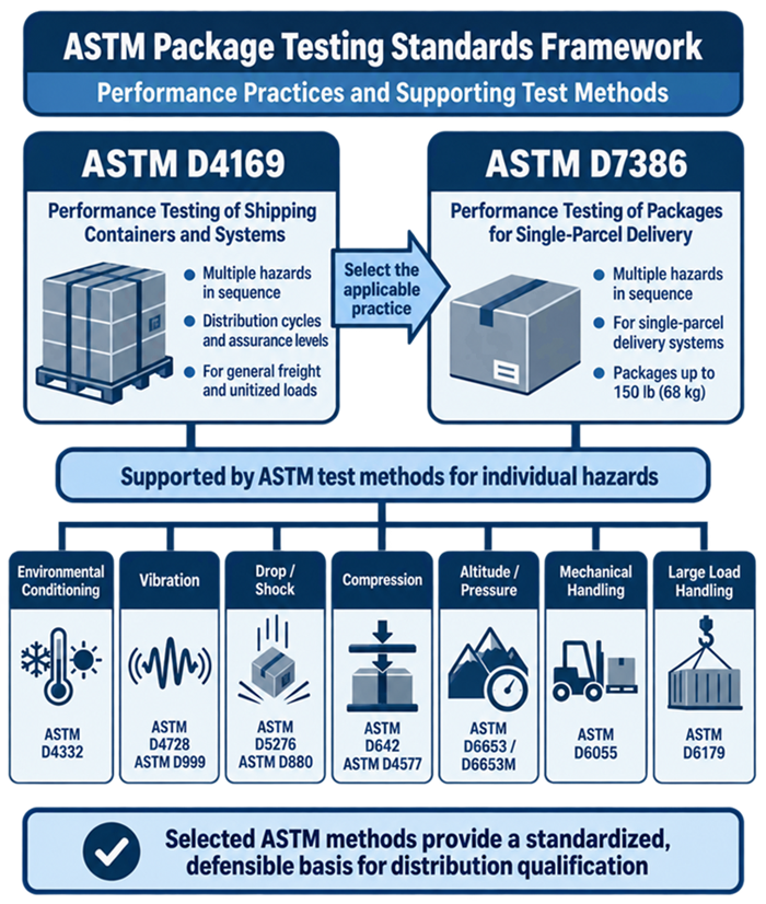 ASTM package testing standards framework showing D4169 and D7386 as overall performance-test practices supported by conditioning, vibration, drop, impact, compression, altitude, and handling test methods.