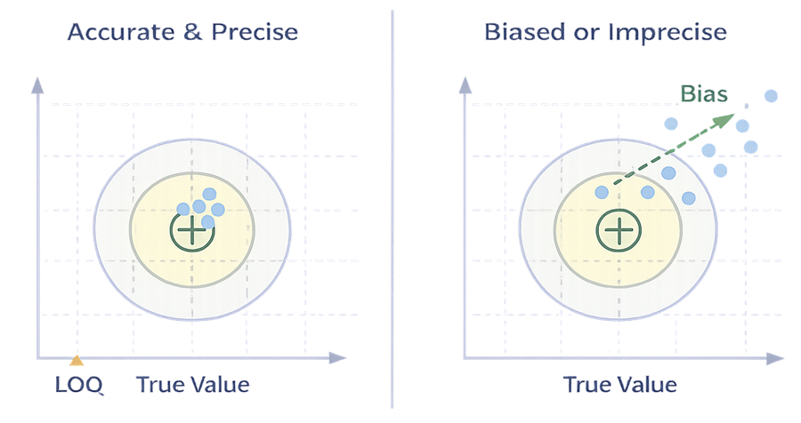 Scatter plot showing accurate and precise results versus biased or imprecise measurements at low concentration levels.
