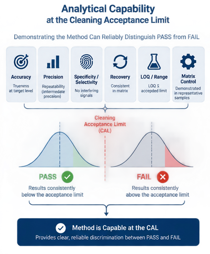 Analytical method capability at the cleaning acceptance limit showing accuracy, precision, specificity, recovery, LOQ and range, matrix control, and PASS versus FAIL discrimination.