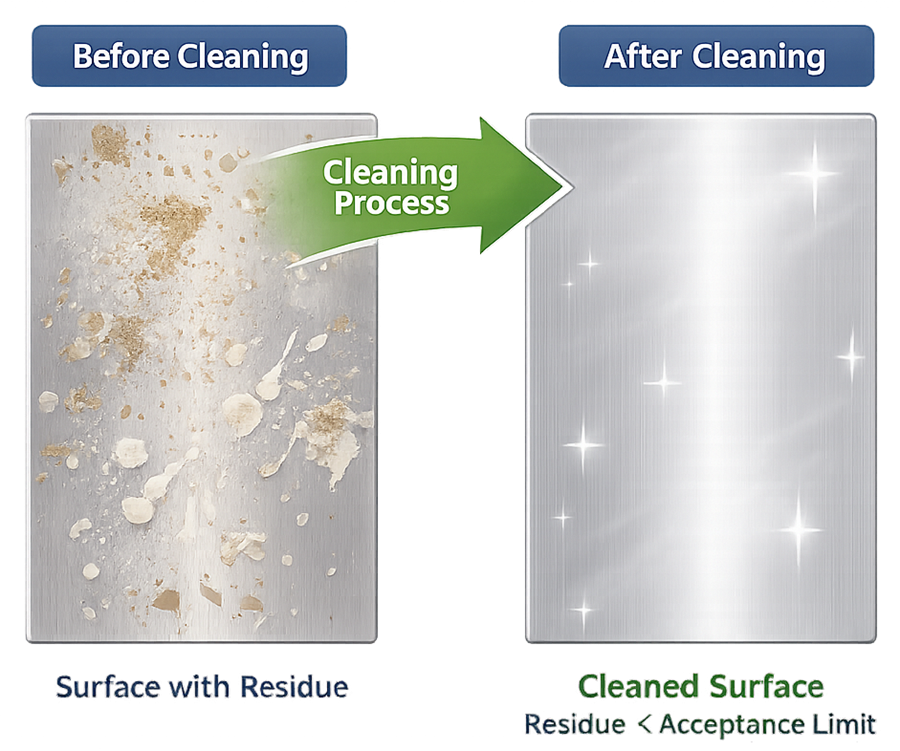 Diagram showing surface before and after cleaning with residue reduced below acceptable limits.