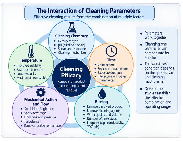 Cleaning efficacy model showing the interaction of cleaning chemistry, detergent concentration, contact time, temperature, mechanical action or flow, and rinsing.