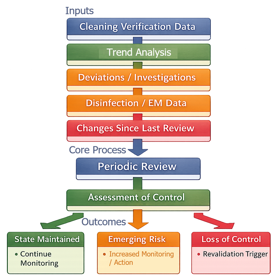 Diagram showing periodic review combining multiple data inputs to assess control and trigger monitoring actions or revalidation.