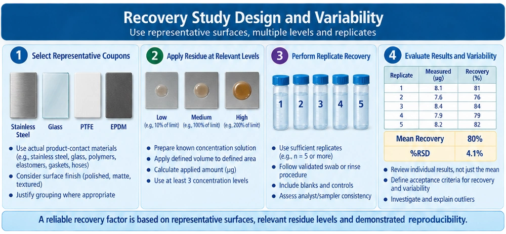 Cleaning validation recovery study design showing representative surface coupons, low target and high residue levels, replicate recovery measurements, calculation of mean recovery and variability, and determination of a suitable recovery factor.
