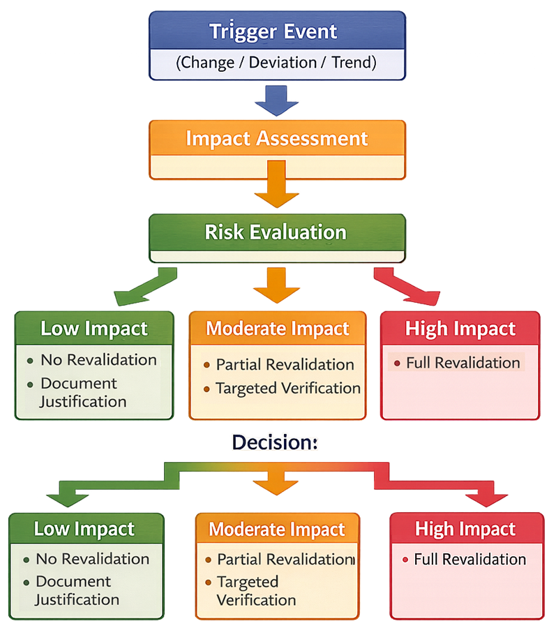 Flow diagram showing revalidation trigger evaluation from event through risk assessment to decision on level of revalidation.