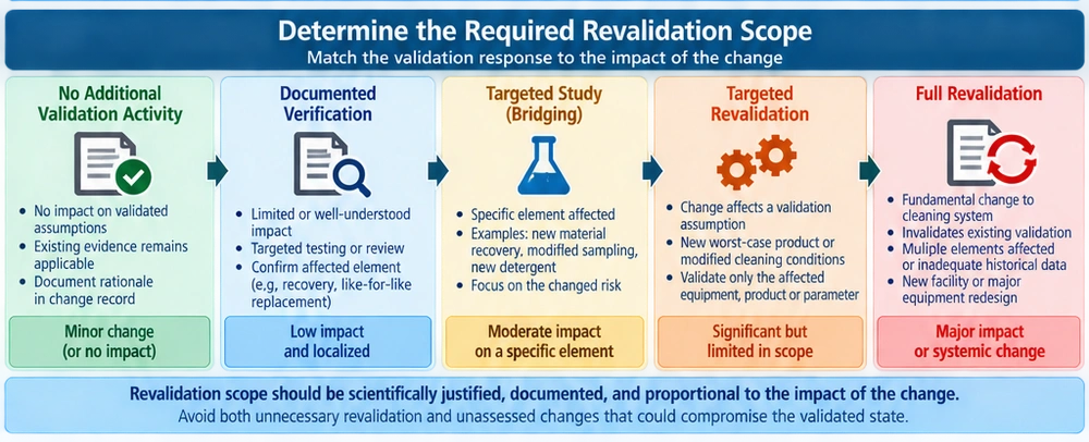 Cleaning validation revalidation scope decision showing no additional validation, documented verification, targeted bridging study, targeted revalidation, and full revalidation based on the extent of change and impact on existing validation evidence.
