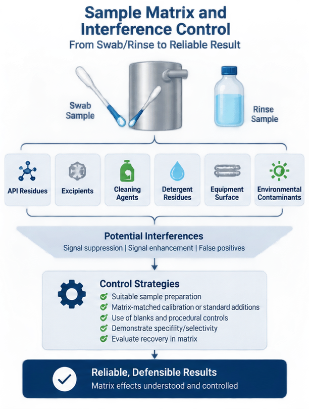 Cleaning validation sample matrix showing swab and rinse samples, potential product and process interferences, and analytical control strategies.