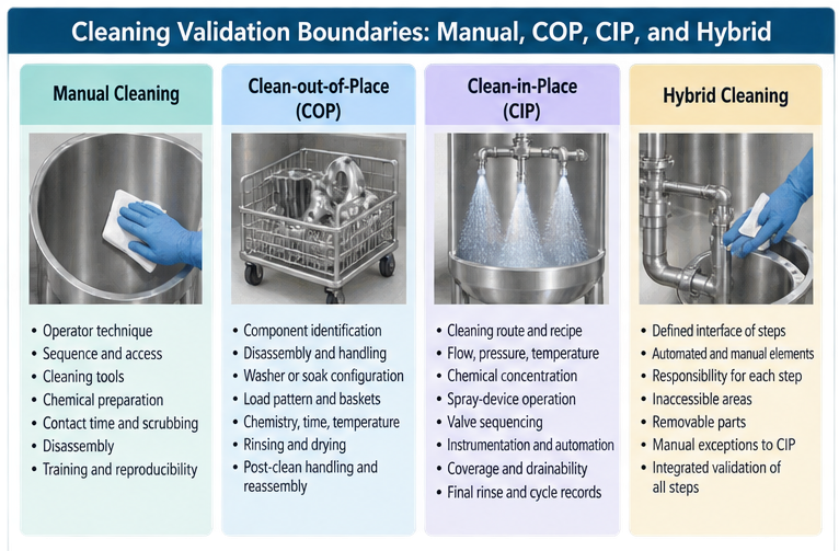 Cleaning validation boundaries for manual cleaning, clean-out-of-place cleaning, clean-in-place systems, and hybrid cleaning processes.
