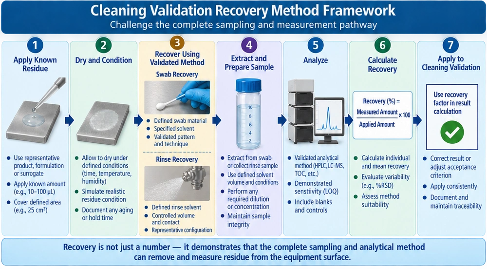 Cleaning validation recovery study framework showing known residue application to a representative surface, drying, swab or rinse recovery, extraction, analytical measurement, calculation of recovery percentage, and application to cleaning-validation results.