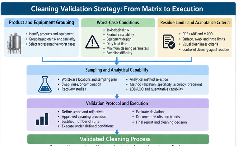 Cleaning validation strategy linking product and equipment grouping, worst-case conditions, acceptance criteria, sampling, analytical methods, validation execution, and final cleaning decision.