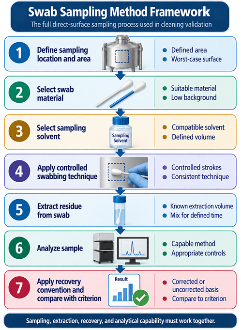 Cleaning validation swab sampling framework showing defined surface area, swab material, sampling solvent, controlled swabbing technique, extraction, analytical measurement, recovery, and comparison with the acceptance criterion.