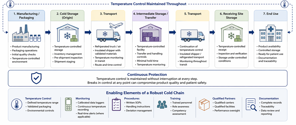 Flow diagram showing manufacturing, storage, transport, and delivery stages connected in a continuous temperature-controlled chain.