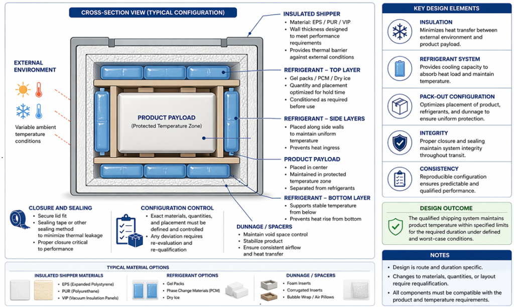 Cross-sectional diagram of an insulated shipping box showing refrigerant layers, product payload, and insulation.