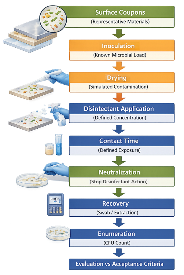 Flow diagram showing disinfectant efficacy study using surface coupons from inoculation through neutralization, recovery, and log reduction evaluation.