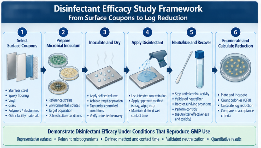 Disinfectant efficacy study framework showing representative cleanroom surface coupons, reference microorganisms, environmental isolates, disinfectant application, wet contact time, neutralization, recovery, and log-reduction evaluation.