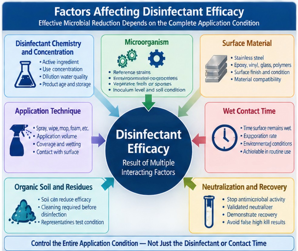 Disinfectant efficacy control model showing concentration, application technique, surface wetting, wet contact time, microorganism resistance, surface material, neutralization, and recovery.