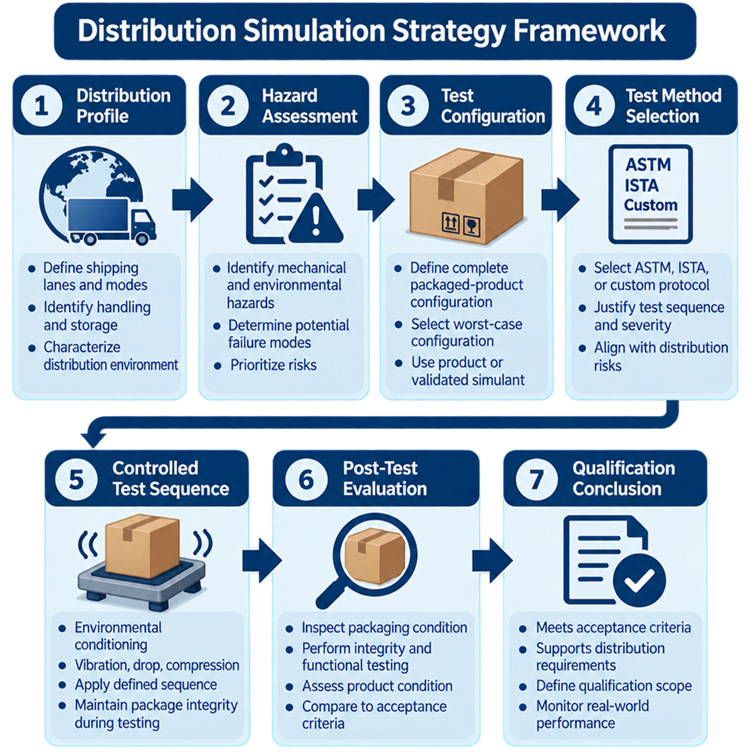 Distribution simulation strategy framework showing distribution profile, hazard assessment, test configuration, test method selection, controlled simulation, post-test evaluation, and qualification conclusion.