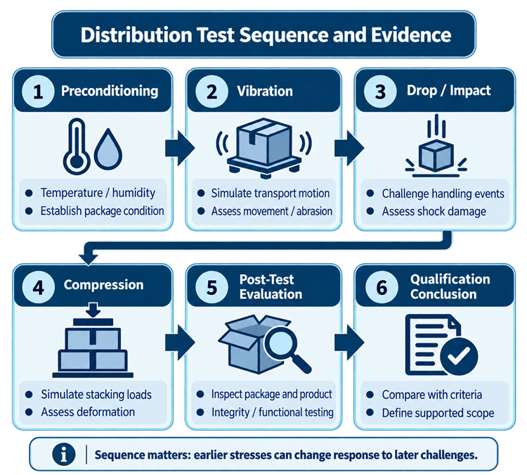 Distribution test sequence showing preconditioning, vibration, drop and impact, compression, post-test evaluation, and final packaging qualification conclusion.